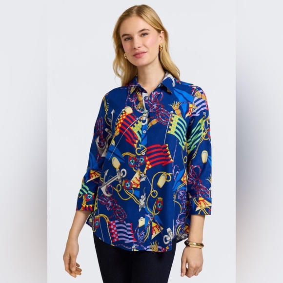 NWT - Foxcroft Zoey Linen Nautical Flags 3/4 Sleeve Shirt - Picture 11 of 14